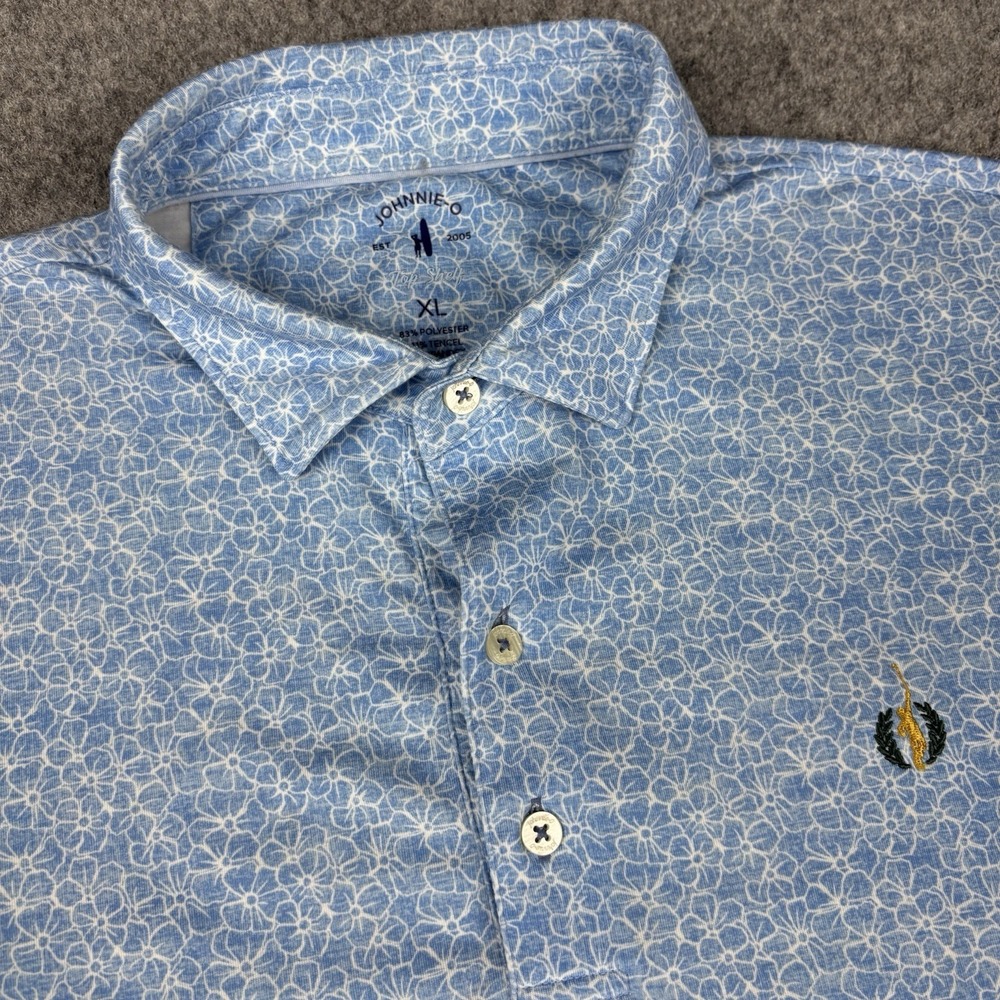 Johnnie O Polo Shirt Mens Xl Blue Floral Tropical Short Sleeve Logo Stretch EUC